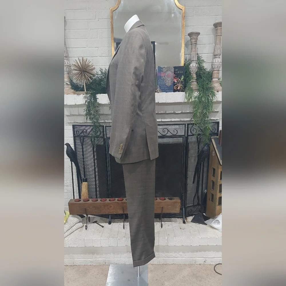Angelo Rossi Khaki Check Modern Fit 2 Pc Suit - Tan Plaid Blazer 38L - 32